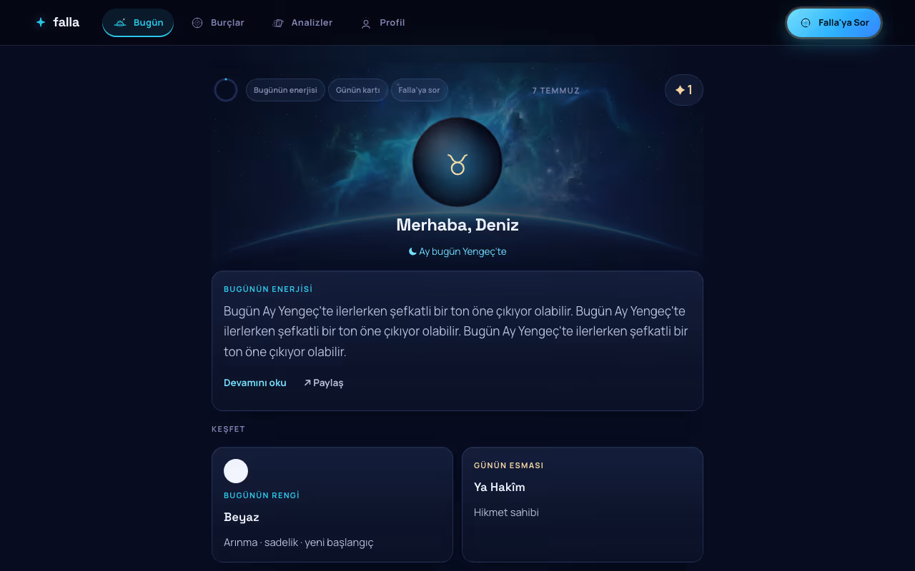 Falla web uygulaması — Bugün ekranı